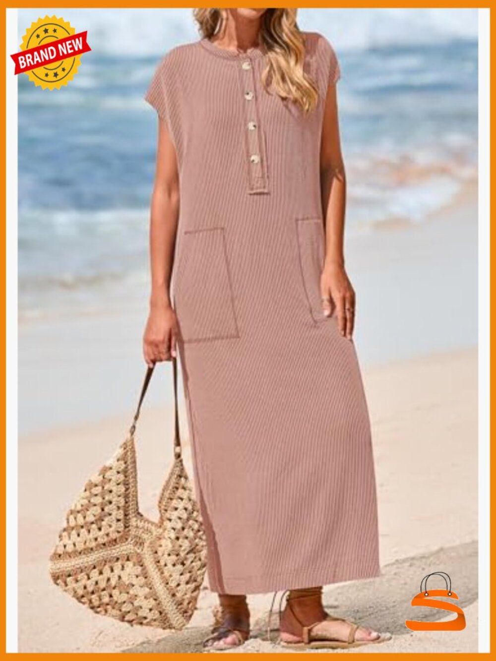 Ribbed Knit Henley Maxi Dress with Pockets Summer Dress - Picture 3 of 7